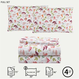 Urban Lifestyle 4 Piece Sheet Set, Including Top Sheet, Fitted Sheet and 2 Pillow Cases, Wild Mushroom Print, Full
