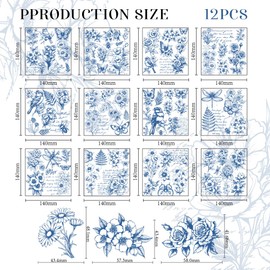 GOMAKERER 12 Sheets Rub-on Transfer Stickers with Blue Flowers Birds for Crafts 12 Style Retro Blue Flowers Butterfly Heat Transfer Films Transfer Furniture Stickers for Arts Crafts Stickers