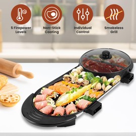 KOCASO Electric Hot Pot with Grill, 1300W 2 In 1 Smokeless Korean BBQ Grill with Shabu Shabu Hot Pot, 5 Firepower Levels Non-Stick BBQ Grill with Shabu Hot Pot for 2-6 People