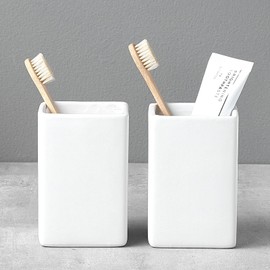Toothbrush Holders for Bathrooms - 2 Cups Ceramic Square Toothbrush Toothpaste Holders Set, White Square Bathroom Tumbler Cups Reusable Toothbrush Mouthwash Cup, Bathroom Counter Organizer.