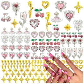 104PCS Silver Nail Charms and Gems,Heart,Cherry,Flower,Planet,Gold Rose,Starburst Charms for Nails Design,3D Alloy Y2k Nail Jewels Bulk Nail Art Decor Set