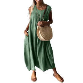 chouyatou Women's Summer Sleeveless Linen Tank Dress Casual Loose A-Line Midi Long Beach Dress (Small, Green)