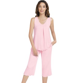 NACHILA Women's Pajamas Set-Viscose Made from Bamboo, Sleeveless Sleepwear Tank Top with Capri Pants V Neck Pjs Set Soft Loungewear Pink X-Large