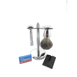 G.B.S Men's Grooming Kit DE MK 34 Safety Razor With Badger Brush, Chrome Brush And Razor Stand, Razor head sleeves, Includes Double Edge Blades Stainless Steel Long Lasting