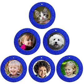 The Original Mini Glitter Photo Christmas Ornaments, Magnetic Easy-Load Picture Frame Ornament, Includes Photo Protectors Plus Hooks for Hanging, Round, Blue 6-Pack