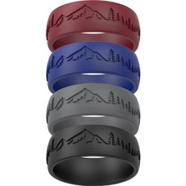 ThunderFit Silicone Wedding Rings for Men, Rubber Engagement Bands 9mm Wide 2mm Thick (Forest and Mountains - Grey B, Black, Dark Blue B, Dark Red F - Size 7.5-8 (18.2mm))