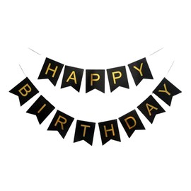 Black Happy Birthday Bunting Banner Pastel Hanging Letters Party Decoration Garland With Gold Letters Large (20cm x 16cm)