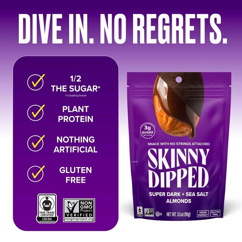 SkinnyDipped Super Dark Chocolate + Sea Salt Almonds, Vegan, Healthy