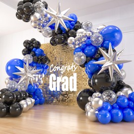 141pcs Blue and Black Balloons Garland Arch Kit,18 12 10 5 Inch Black Royal Blue Silver Confetti Balloons with Foil Star for Birthday Class of 2024 Graduation Party Decoration
