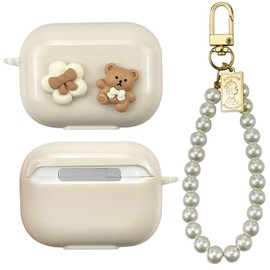 AIIEKZ Cute Kawaii AirPods Pro Case Cover, Lovely Flower Bear Design Smooth Soft Protective Cover for AirPod Pro Case with Pearl Chain for Girls Women (Airpods Pro)