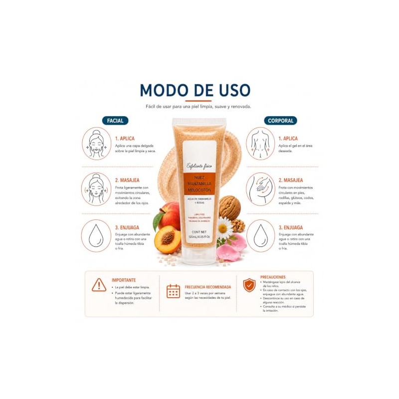 GEL EXFOLIANTE CORPO-FACIAL NUEZ, MANZANILLA Y MELOCOTÓN 120ML4.05 fl oz.
