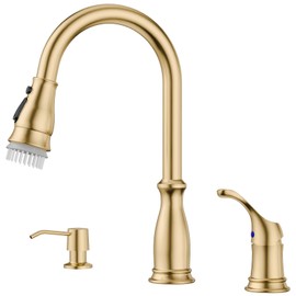 APPASO Gold Kitchen Faucet 3 Hole, Brushed Gold Kitchen Faucet with Soap Dispenser and Pull Down Sprayer, Solid Steel High Arc Kitchen Sink Faucets with Separate Handle Stainless for 2 or 3 Hole Sink