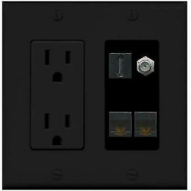 Wallplate City 1 Port HD Coax 2 CAT6 Ethernet Wall Plate + Power Outlet [ BLACK ]