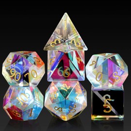 DNDND Rainbow Glass Dice Set, 7 Piece Glass Polyhedral DND Dice with Great Gift Box for Dungeons and Dragon D&D Tabletop Game (Rainbow and Clear)