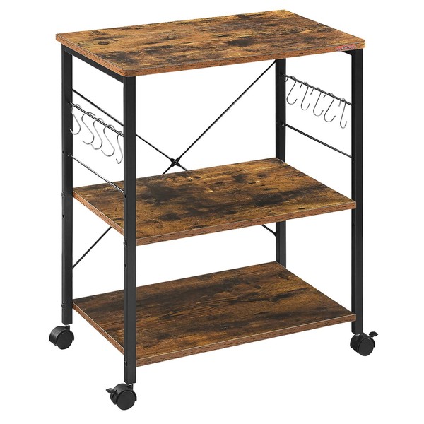 Mr IRONSTONE Baker's Rack, Kitchen Microwave Cart, Coffee Bar Table Station, 3-Tier Kitchen Utility Storage Shelf with Rolling Wheels Coffee Cart Kitchen Microwave Stand with 10 Hooks, Rustic Brown