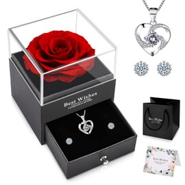 NEWUPZSI Preserved Real Rose Flowers Jewellery Red Christmas Gifts for Women with Necklace and Earrings Real Eternal Gifts for Women for Valentine's Day, Mother's Day, Birthday