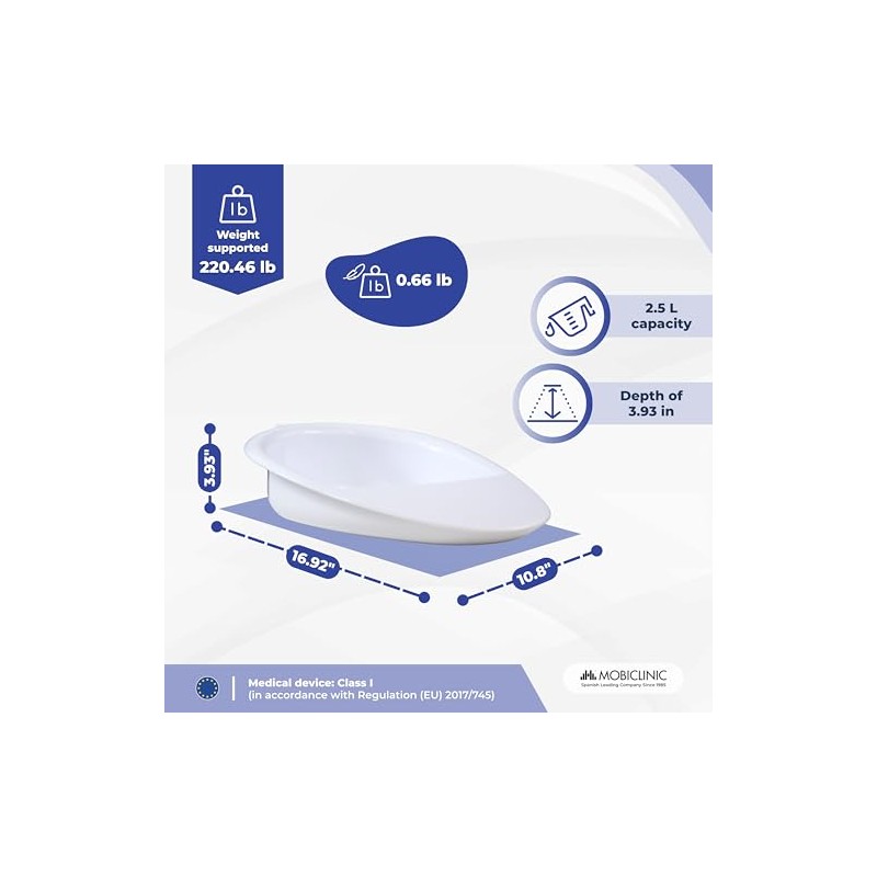 Mobiclinic®, Bedpan, Intimate Hygiene, Hemorrhoids, Postpartum, Seniors, 41x28x10 cm, 2500