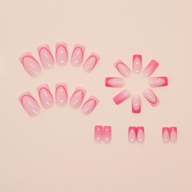 BABALAL Press on Nails Medium Square Fake Nails Pink French Tip Glue on Nails Glossy Squoval False Nails 24Pcs Full Cover Manicure Stick on Nails