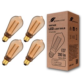 greenandco® E27 ST64 LED Vintage Retro Filament Bulb Edison Style 4W 200lm 1800K 320° 230V Glass Bulb, no Flicker, not dimmable, 4-Pack
