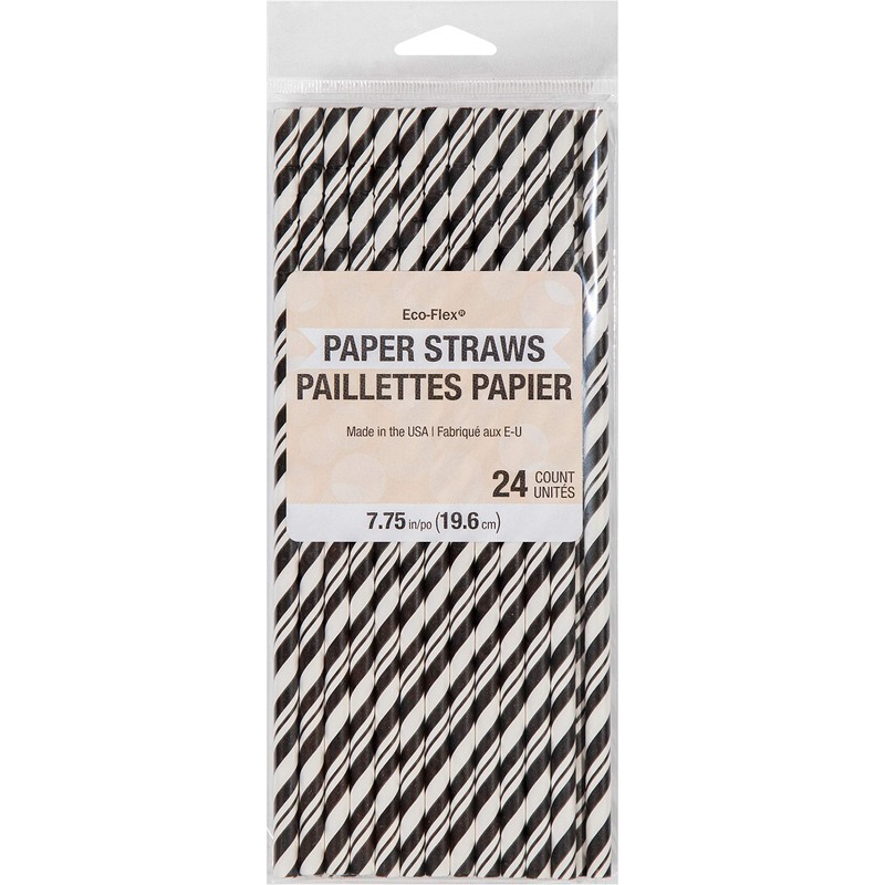 Creative Converting Striped Eco-Flex Bendable Paper Straws-24 Pcs, Black/White, One