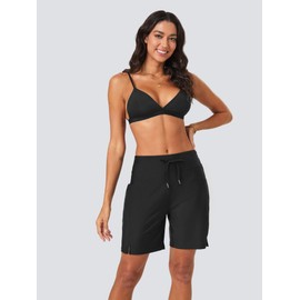 FitsT4 Sports Swimming Shorts Women's 7 Inch Swimming Trunks Quick Drying Bikini Shorts High Waist Trunks with Inner Briefs and Pockets, black