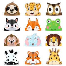 TOPWYS Cartoon Masks, 12 Pcs Animal headband Masks, Owl tiger Hedgehog Squirrel Pattern for Jungle Safari Forest Theme Birthday Party, Animals headband Mask with Elastic Rope (12PCS animal headband )