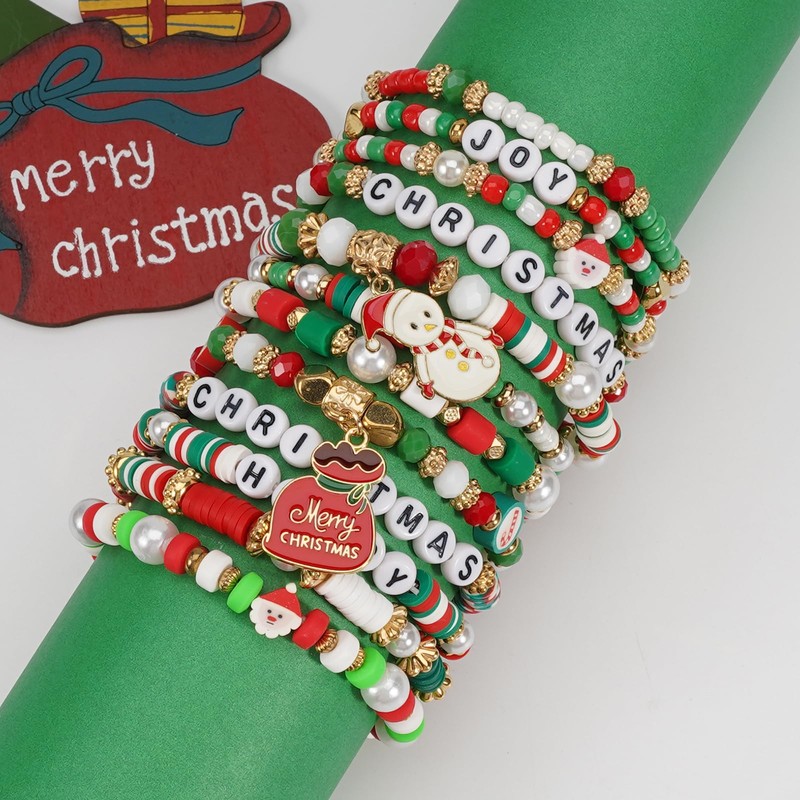 Twinfree 12pcs Christmas Bracelets Women Clay Bead Bracelet Xmas Decorations