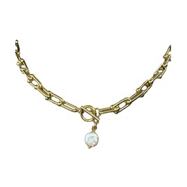 18K Gold Chunky U-Link Chain with Pearl Necklace | Adjustable Paperclip Chunky Gold Chain Necklaces | Elegant Gold Plated Jewelry | Perfect Statement Pearl Necklace & Gift for Women