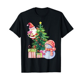 Santa and Snowman Cute Holiday Christmas Tree T-Shirt, Black