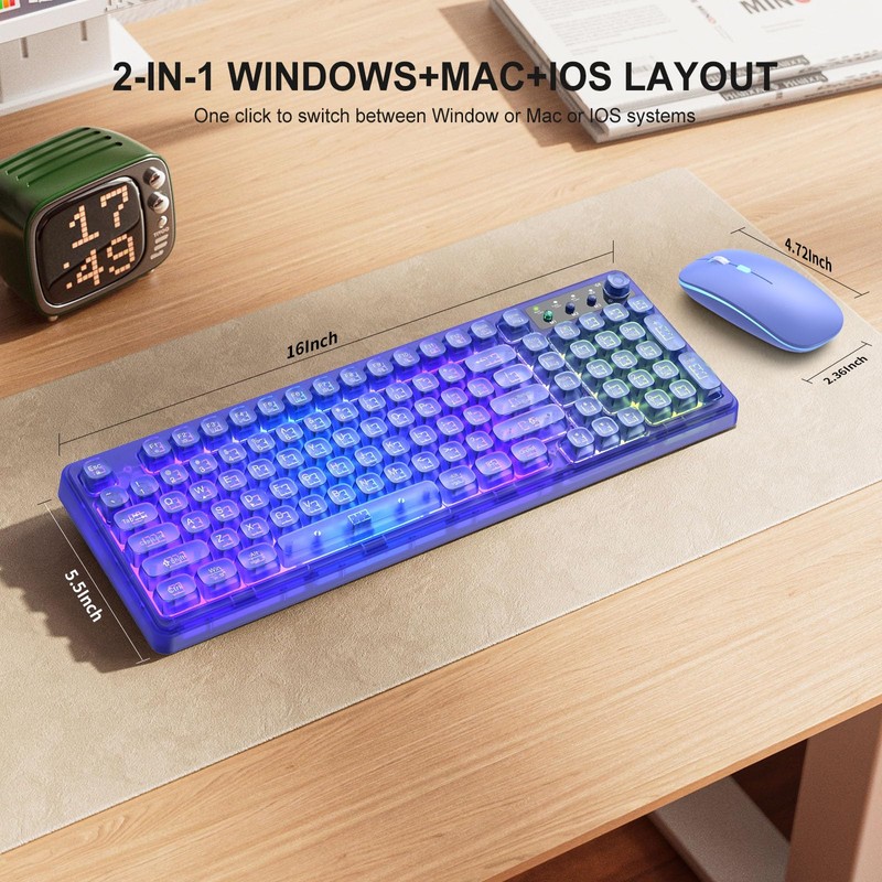 Wireless Light Up Keyboard and Mouse,Cute 2.4Ghz Cordless Rechargeable Clear