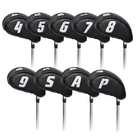 Golf Iron Cover Elastic Closure Wedge Cover Club Head Cover Set 9pcs (4-9,P,A,S) Front and Side White Numbers,Black Synthetic Leather,Three Piece Set