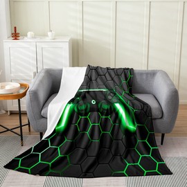 Game Fleece Blanket for Boys Play Flannel Blanket for Kids Gamer Throw Blanket for Sofa Bed Couch Decoration Green Neon Lights Gamepad Geometry Honeycomb Hexagon Plush Blanket All Year Round 150 x 200