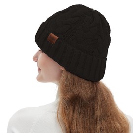 Rosoz Beanie for Women,Winter Warm Beanie Tail Soft Stretch Cable Knit Messy High Bun Hat