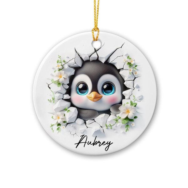 Cute Penguin Xmas Ornament 2024, Custom Name Penguin Broken Wall