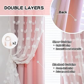 MYSKY HOME - Doble corte de cortina transparente con pompones blancos,室 para niñas, cortinas sólidas de 2 paneles que oscurecen la habitación rosas