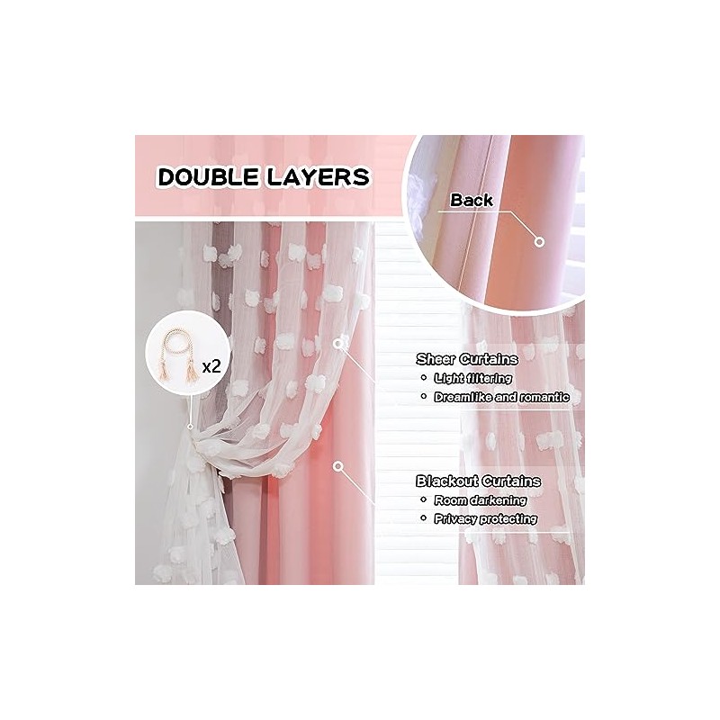 MYSKY HOME - Doble corte de cortina transparente con pompones