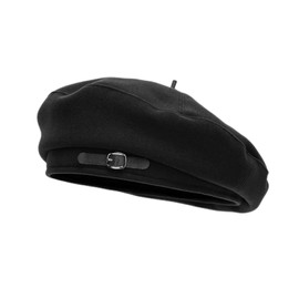 Weuiean PKZMH710 Women's Beret Hat Leather Label English Pattern Hat Winter Warm Felt Cap Casket Retro Stylish, Black