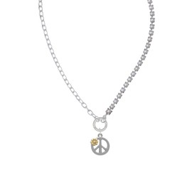 Delight Jewelry Two-tone Large Peace Sign with Daisy and Crystal Stronger Braver Smarter Mixed Cable and Imitation Pearl Chain Choker Necklace, 14.75-17"