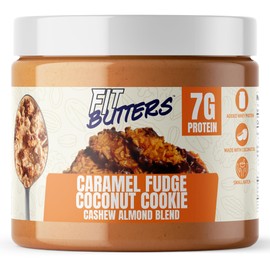 Fit Butters Caramel Fudge Coconut Cookie Cashew Almond Butter Spread, Added Protein and Coconut Oil, Low Carb, Low Sugar, Complete Protein Dessert Flavored Nut Butter