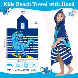 Kids Hooded Bath Towel,Poncho Towel Swimming Towel Microfibre Soft and Large Bathrobe for Beach Pool Bath Girls Boys (Blue Dinosaur)