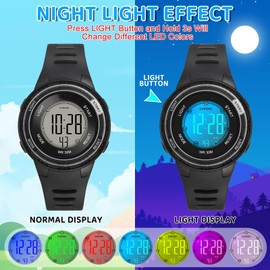 CKV Kids Digital Watch 7 Color Lights 30 M Water Resistant, Boys and Girls Wristwatch with Alarm and Stopwatch for 6-18 Years Olds, 1.5'' Clear Dial Easy to Read(Black)