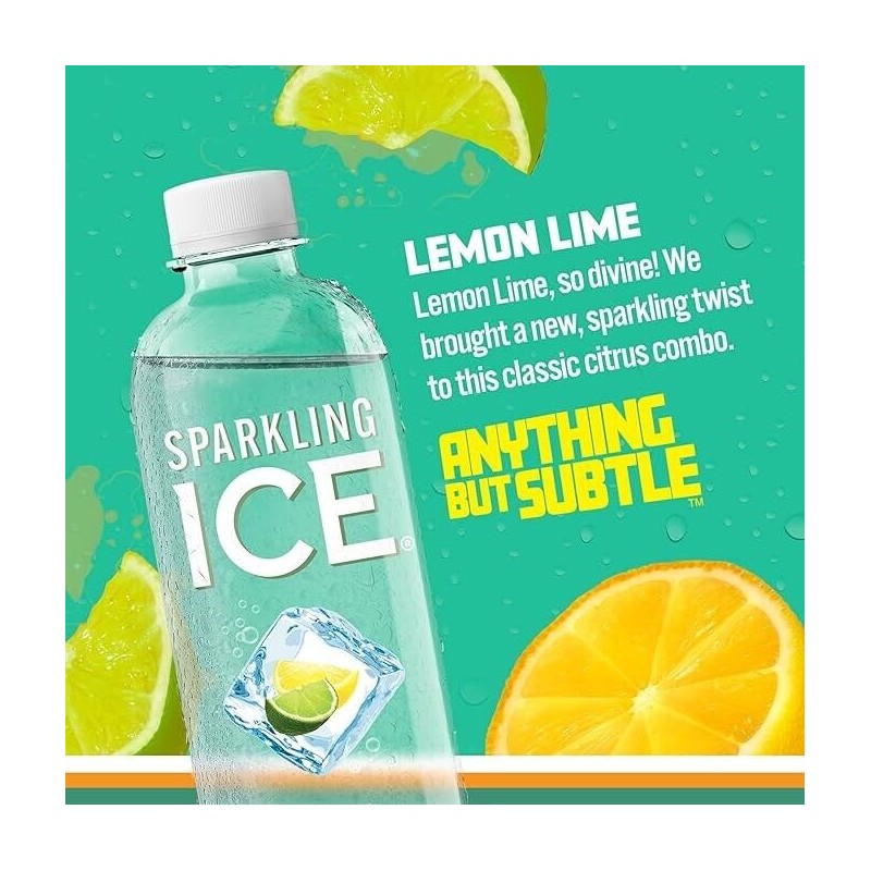 Sparkling Ice, Lemon Lime Sparkling Water, 17 Oz (Pack of
