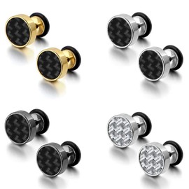 4 Pairs Set Stainless Steel Stud Earrings for Men Women Girl Boy, Men Earrings Studs Silver Women Earrings Gold, Carbon Fiber Black Earrings Men Women Small Piercing Plugs Tunnel Hypoallergenic 8MM