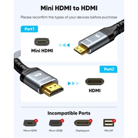 Mini HDMI to HDMI Cable 1.8 m 4K @ 60Hz 18Gbps High Speed, Nylon Braided 2.0 Cable Support 4K 2K UHD 3D HDR ARC Compatible with Camera, Laptop, Projector, HDTV, Monitor, Raspberry Pi