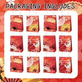 MMBDAMAI 12 Pcs Folding Fans Portable Party Bags Japanese Chinese Decorations Candy Chocolate Goodie Treat Bags for Birthday Party Supplies
