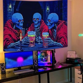 JAWO Blacklight Skull Tapestry Trippy Skeleton Cheerful Drink Beer UV Tapestry Reactive Funny Tapestries Glow in The Dark Party Backdrop Wall Hanging Neon Tapestry for Bedroom Living Room Decor