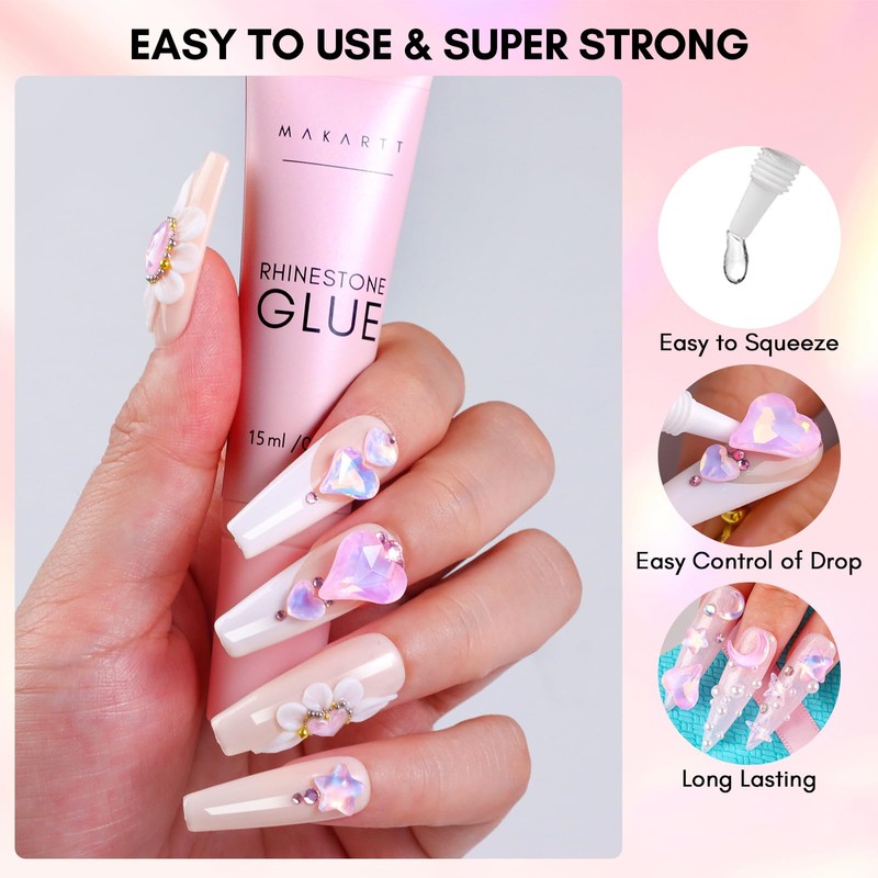 Makartt Pink Diamond Nail Design Glue Set, Flat Back Gemstone,