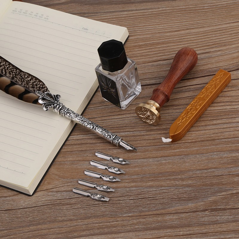 Feather Metal Nibs Quill Dip Pen Ink Set with Sealing