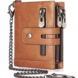 Cartera para Hombre, Cartera de Piel para Hombre RFID Bloqueo Antirrobo, Ranura para Tarjeta de Crédito, Bolsillo para Monedas con Cadena Antirrobo, Plegable Billetera para Hombre para Regalo, Brown