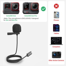 Cubilux MLC-19 Microphone Compatible with Insta360 Ace and Ace Pro, Clip-On Lavalier Lapel MIC for Ace/Ace Pro Action Camera, 5 Feet